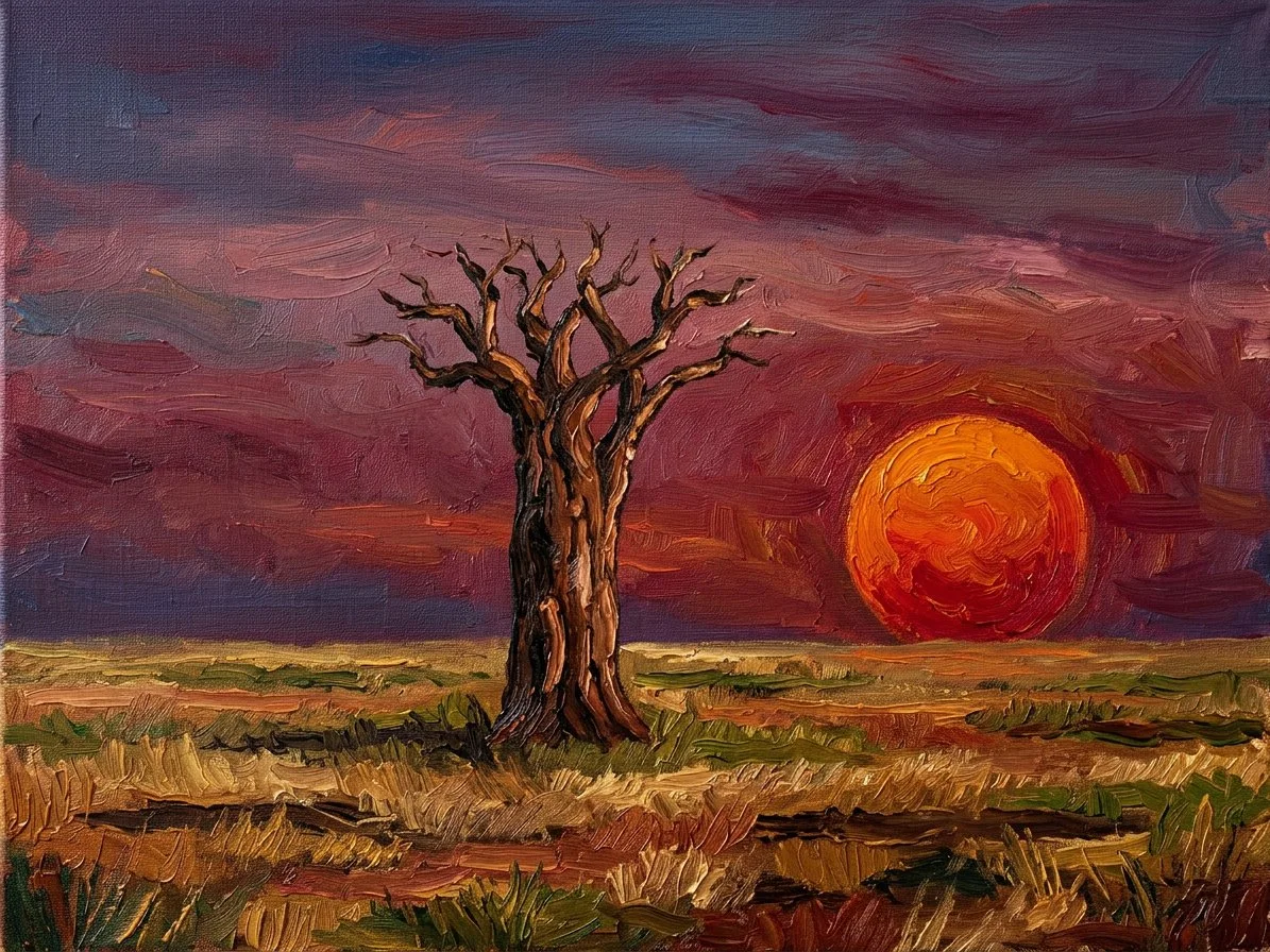 Oil painting by Draimo: A baobab tree at sunset as an oil painting