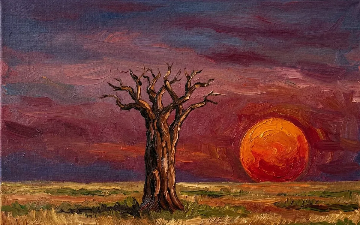 A baobab tree at sunset as an oil painting