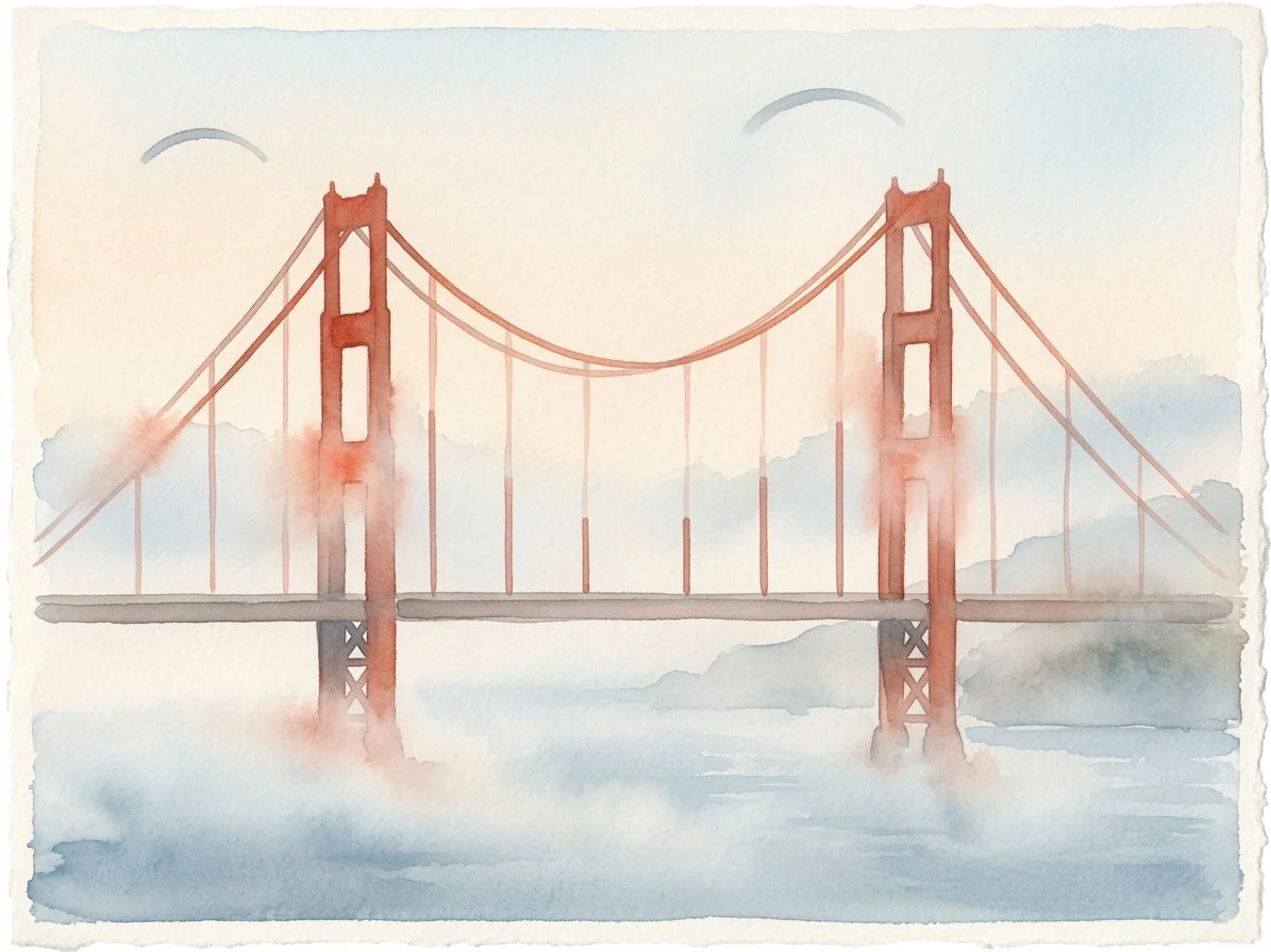 Watercolour by Draimo: The Golden Gate Bridge in morning fog as a watercolour