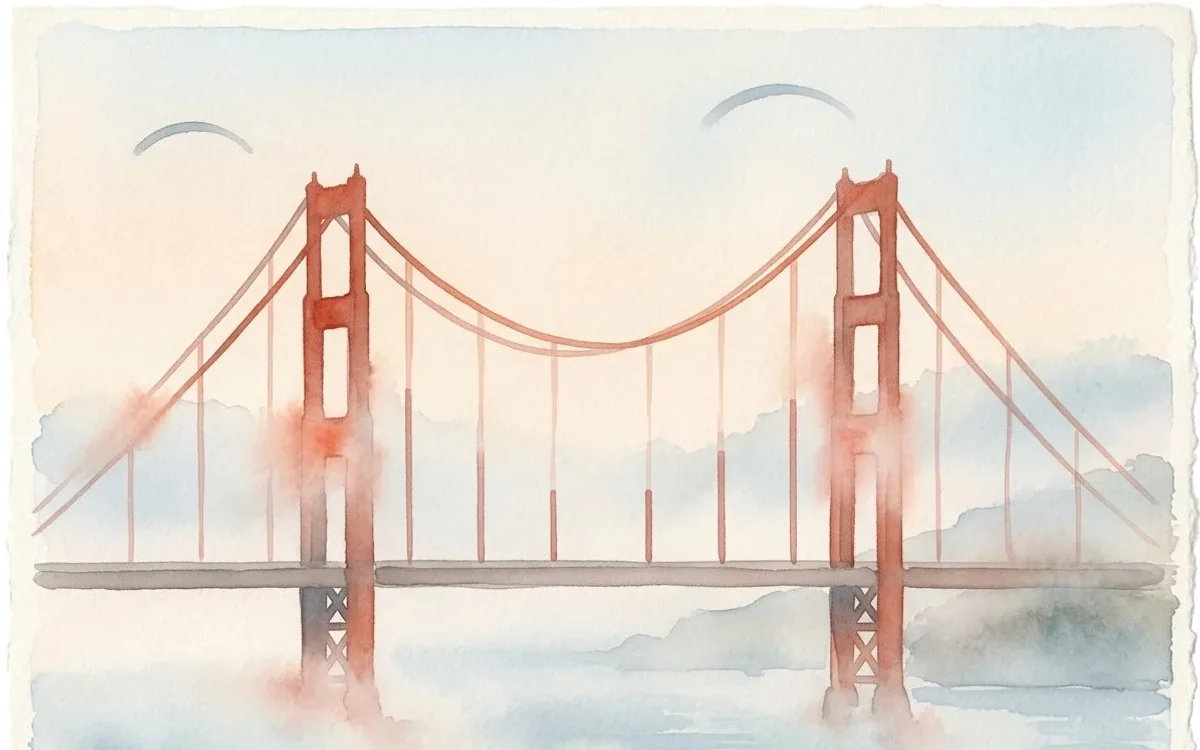 The Golden Gate Bridge in morning fog as a watercolour