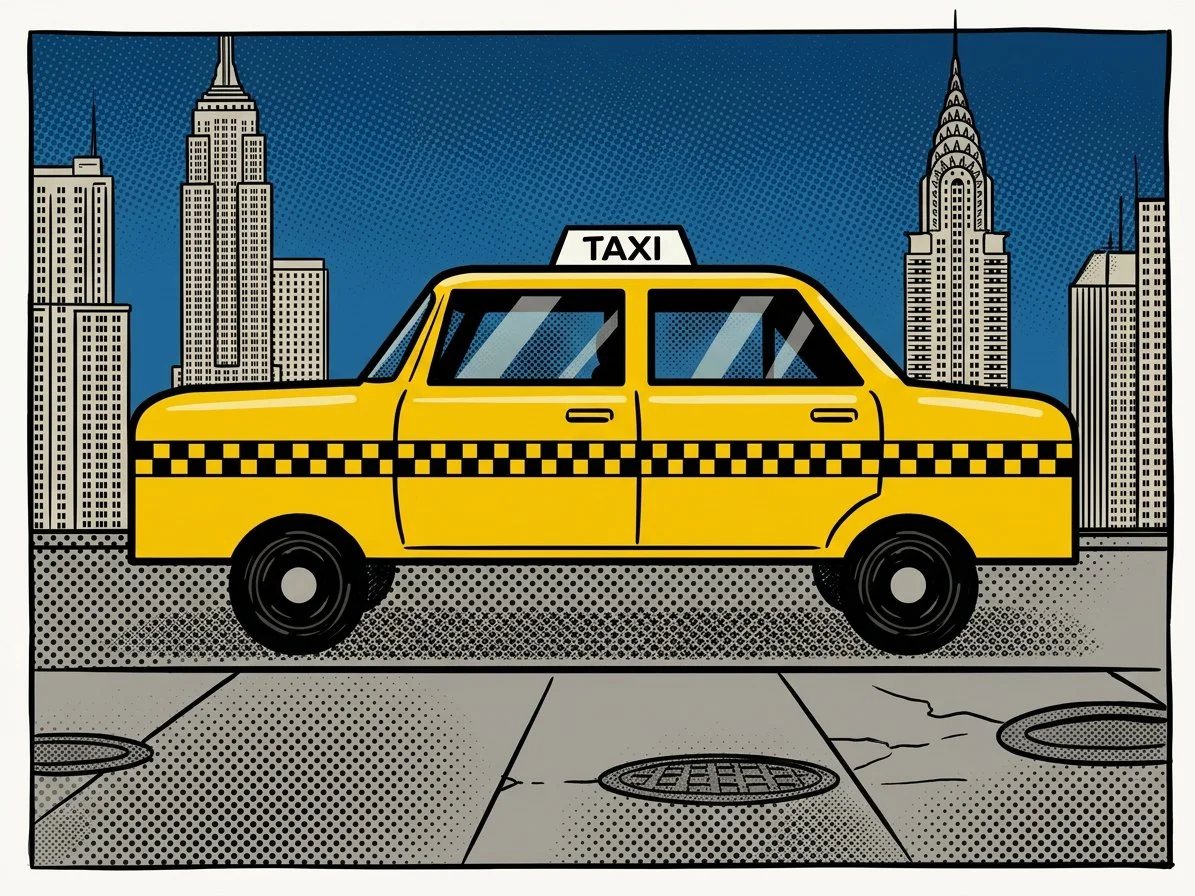 Comic by Draimo: A yellow New York taxi in a comic-book style with Manhattan skyscrapers