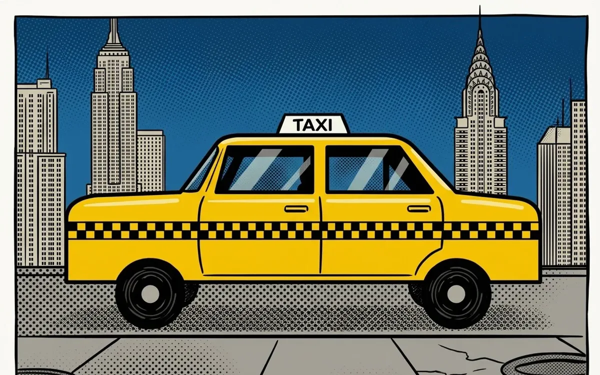 A yellow New York taxi in a comic-book style with Manhattan skyscrapers