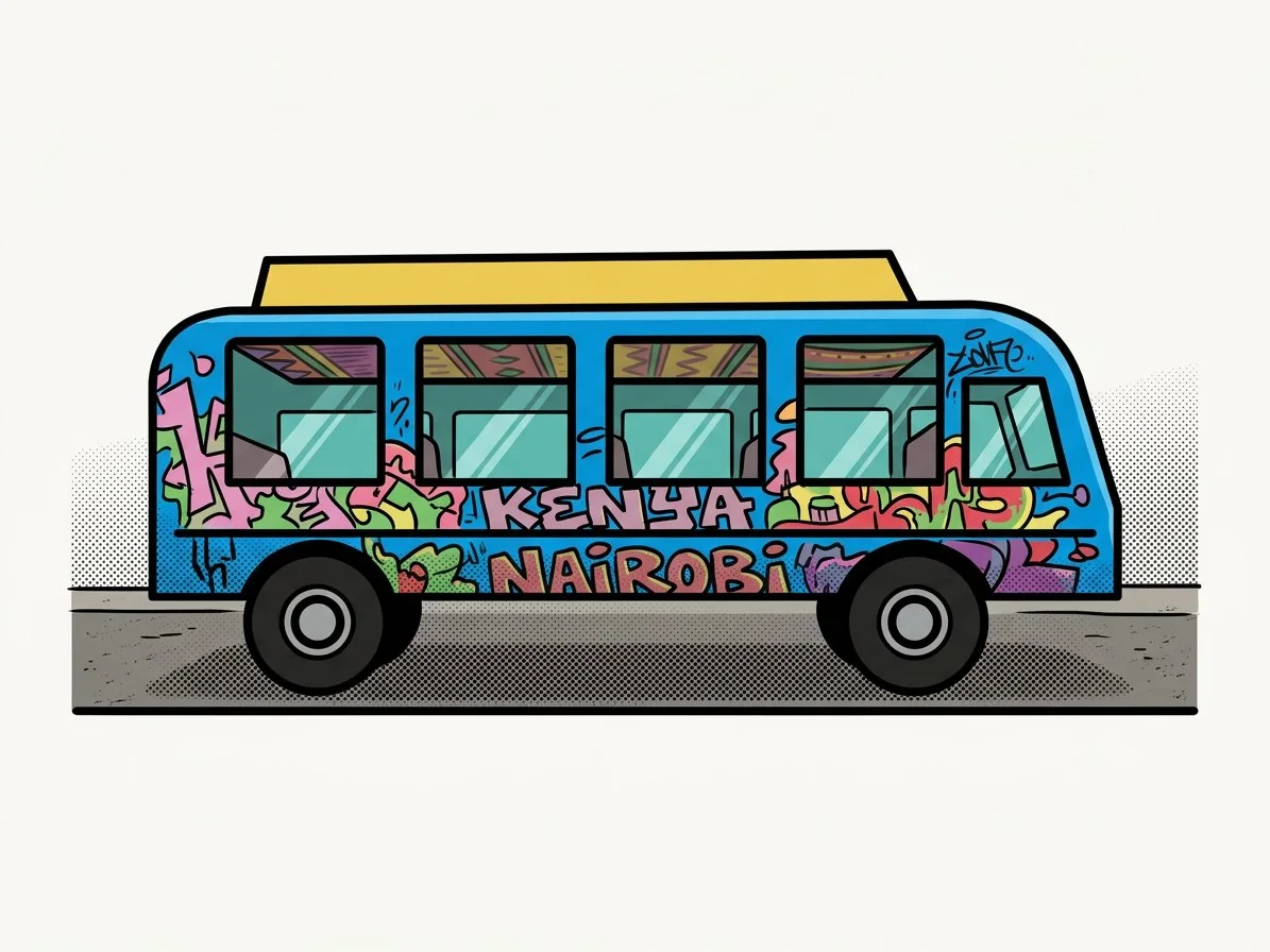 Comic by Draimo: A colourful Nairobi matatu in a comic-book style