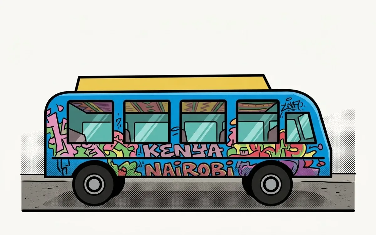 A colourful Nairobi matatu in a comic-book style