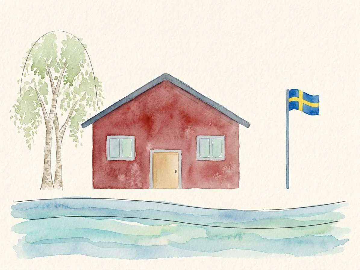 Watercolour by Draimo: A red Swedish cottage by a lake in watercolour