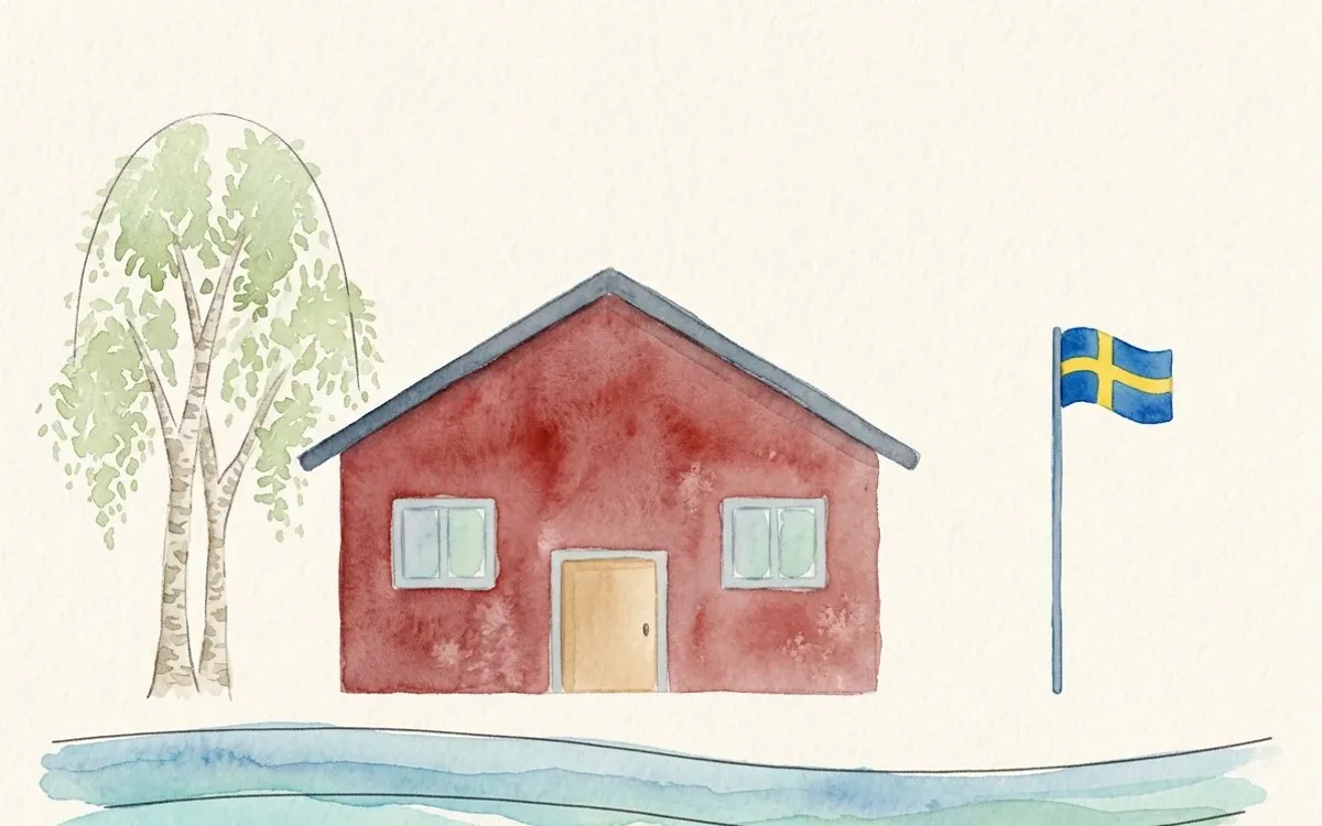A red Swedish cottage by a lake in watercolour