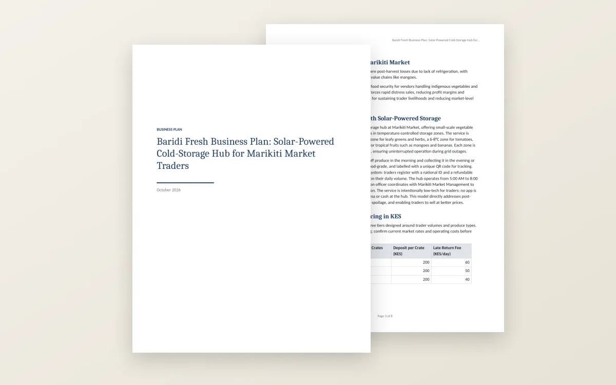 The first page of the Baridi Fresh business plan