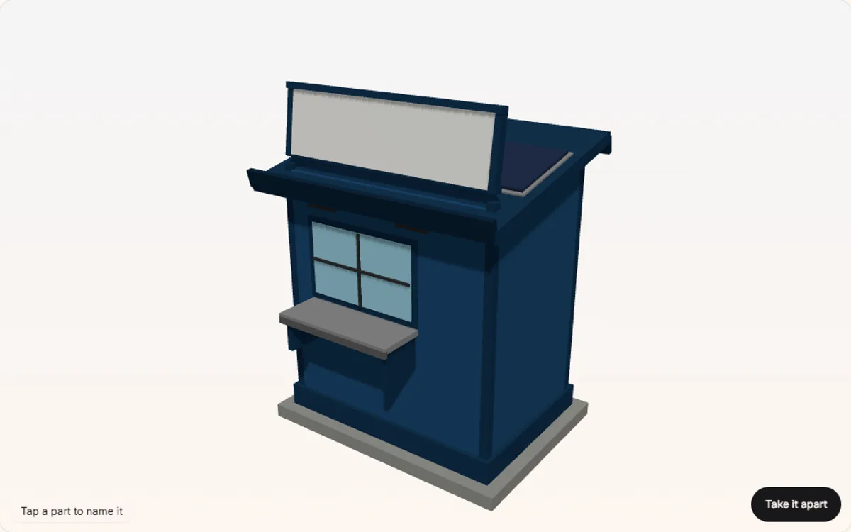 A 3D model of a blue solar phone-charging kiosk