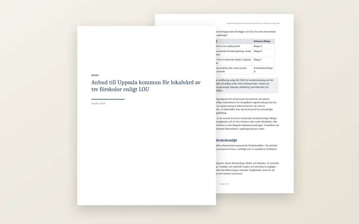 Första sidan av anbudet till Uppsala kommun