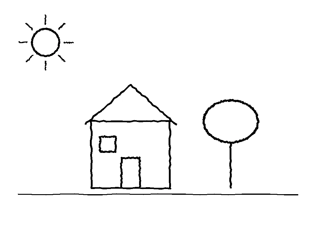 A rough line drawing of a house, a tree and the sun