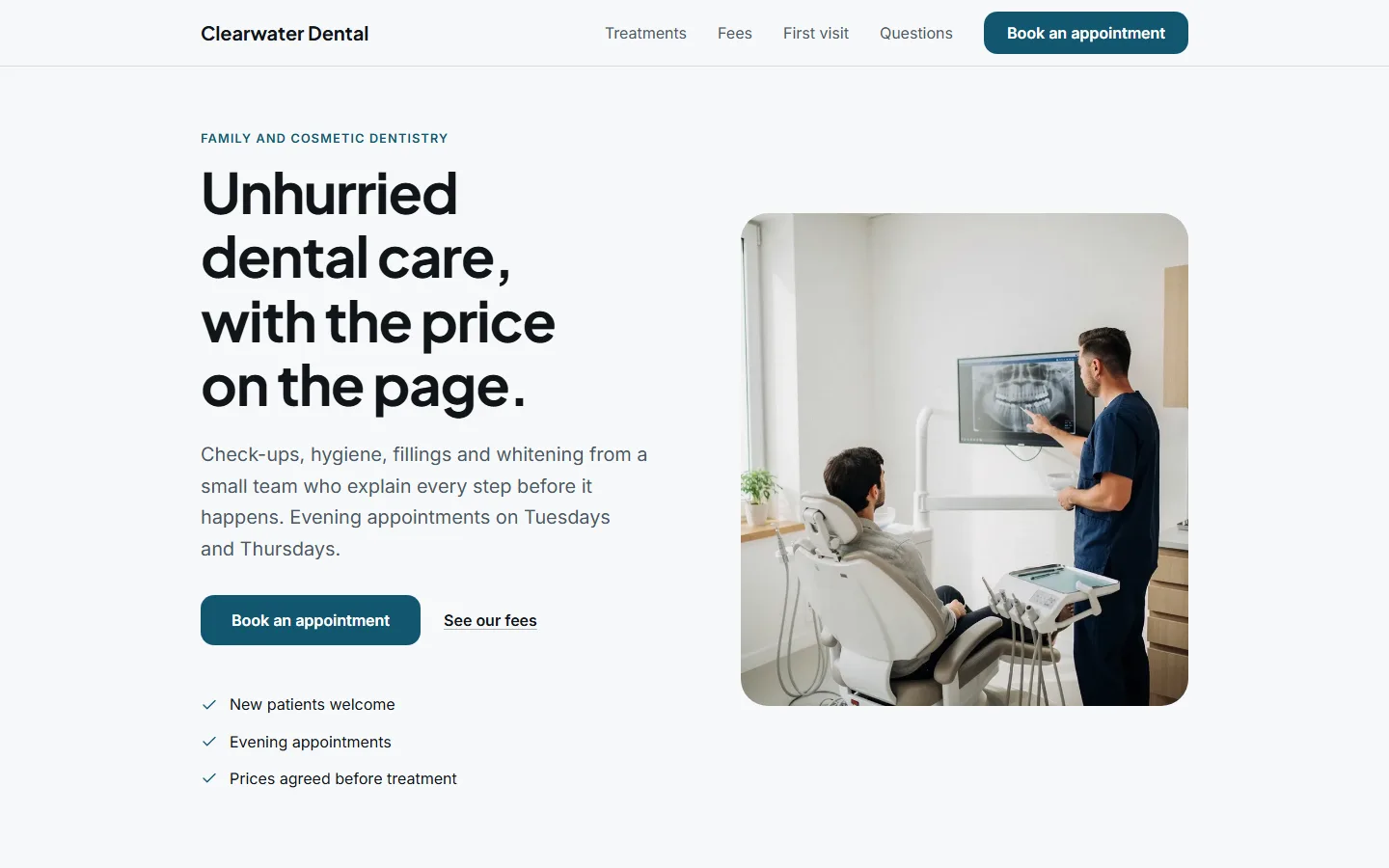 The Clearwater Dental template's home page