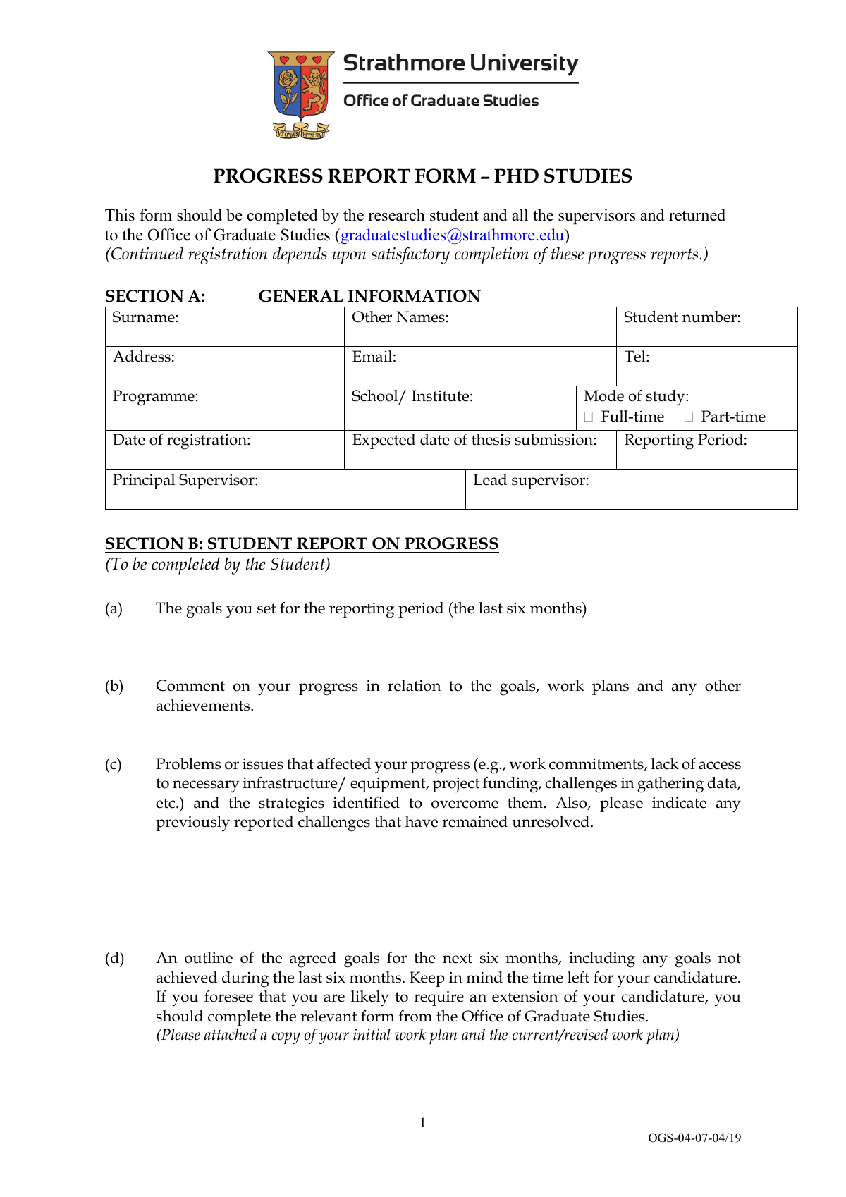 Progress Report Form SU PhD Studies first page preview