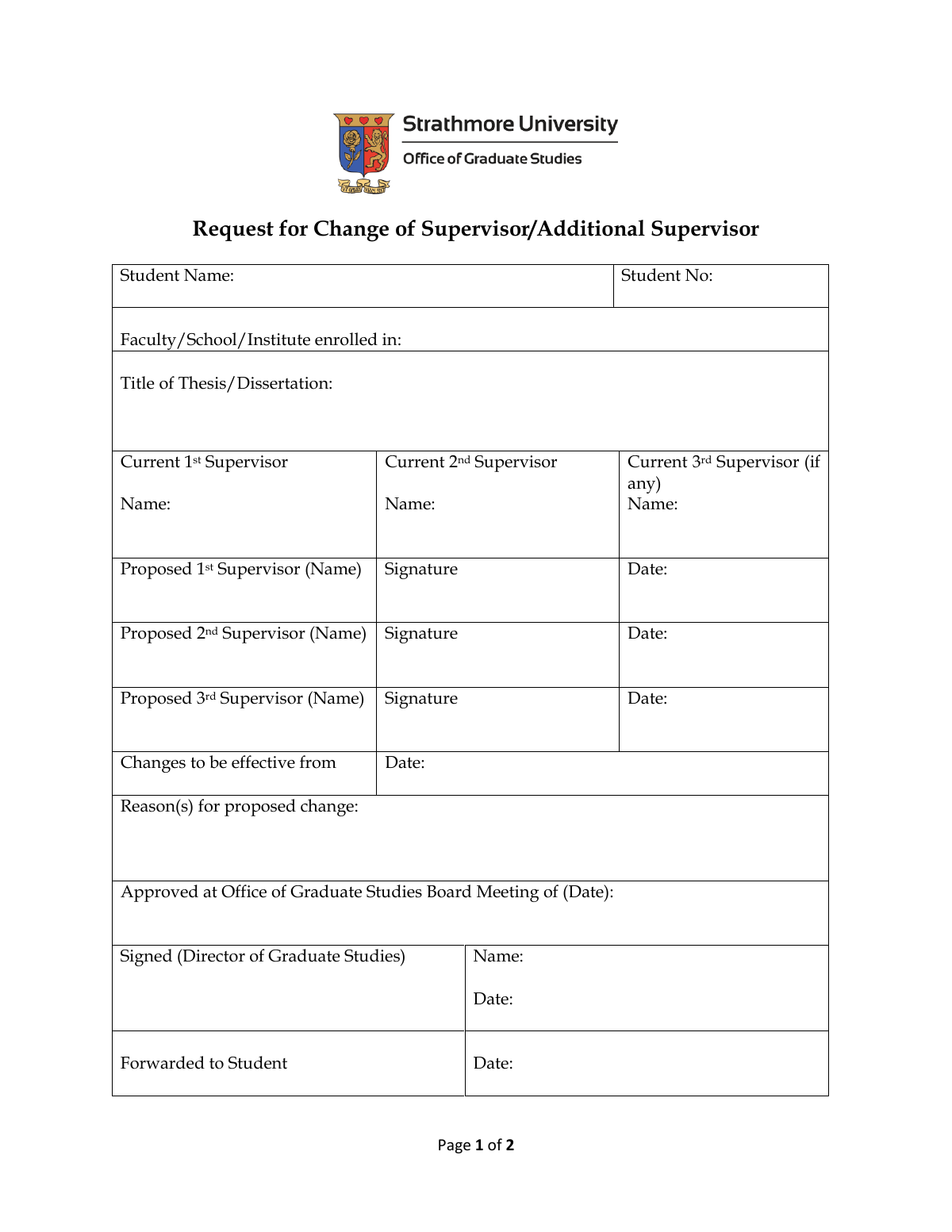 Request for Change of Supervisor first page preview
